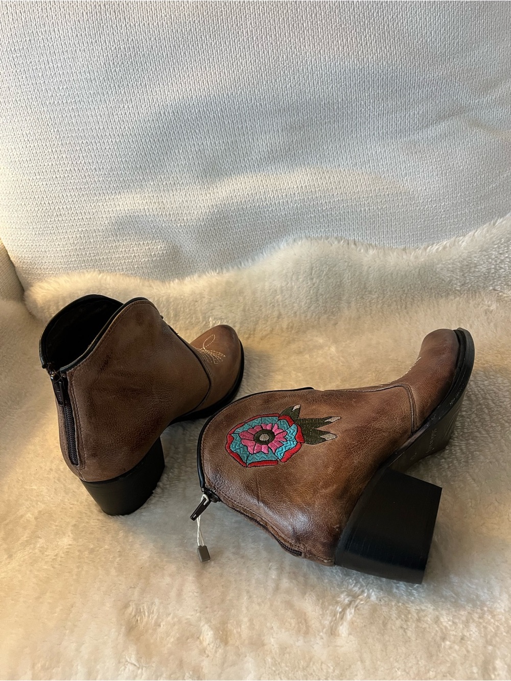 Divine Follie Italy Brown Embroidered Western Ankle Leather Booties - Picture 16 of 16